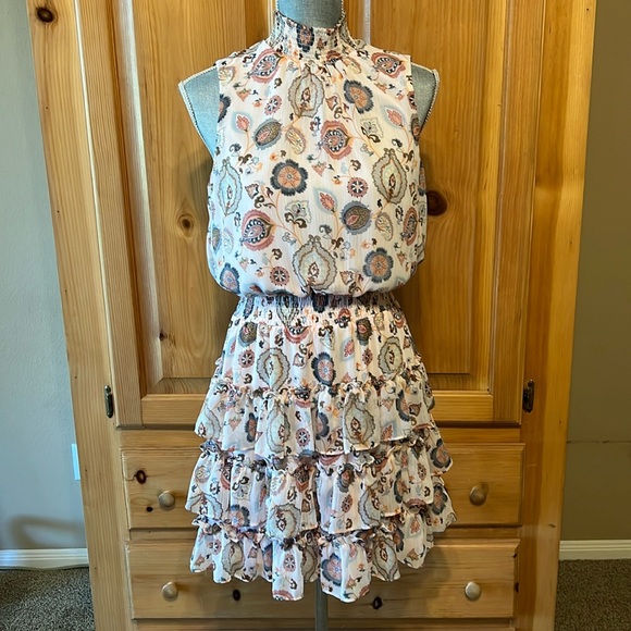 MSK Soft Pink Paisley Smocked High Neck Tiered Skirt Sleeveless Dress M